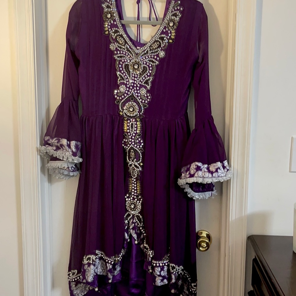 Purple high low heavy work three piece shalwar/ kamis Custom made from India